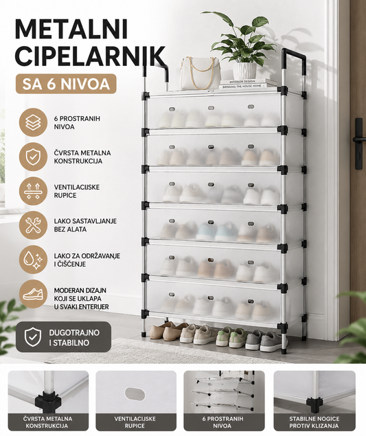 Premium Metalni Cipelarnik sa 6 Nivoa – Veliki Organizer za Do 24 Para Obuće | Moderan Ormar za Cipele sa Zaštitnim Vratima