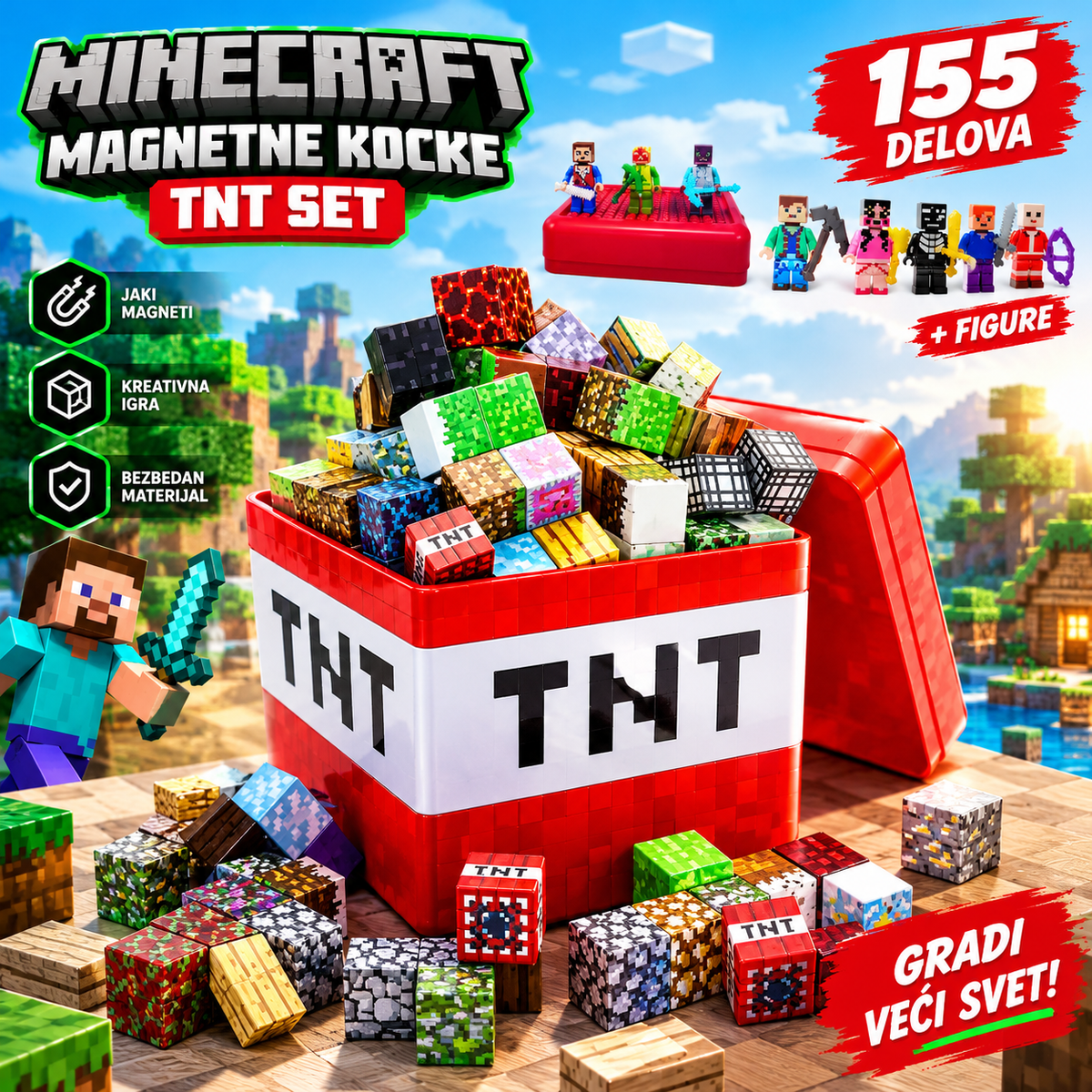 Minecraft Magnetne Kocke TNT Set – 155 Delova sa Figuricama za Kreativnu Dečiju Igru