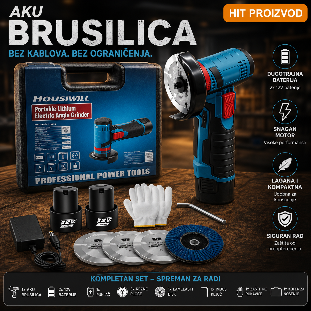 Mini Akumulatorska Brusilica 12V sa 2 Baterije – Profesionalna Bežična Brusilica 76mm za Sečenje, Brušenje i Poliranje