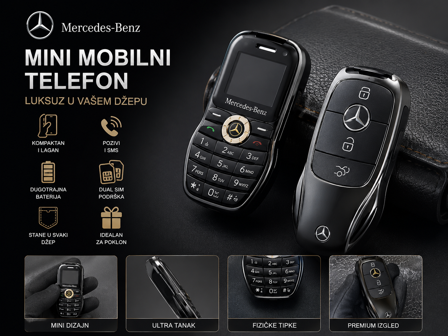 Mini Mobilni Telefon Mercedes Benz – Najmanji Dual SIM Telefon sa Bluetooth Funkcijom | Idealan Za Poklon i Rezervni Telefon