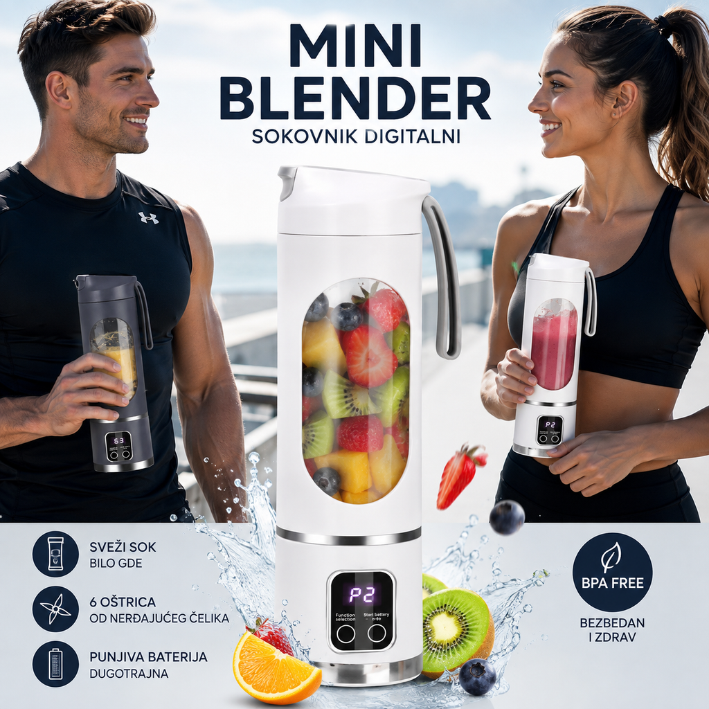 Mini Blender Sokovnik Digitalni – Prenosni USB Smoothie Blender sa Digitalnim Displejom za Voće, Šejkove i Proteinske Napitke