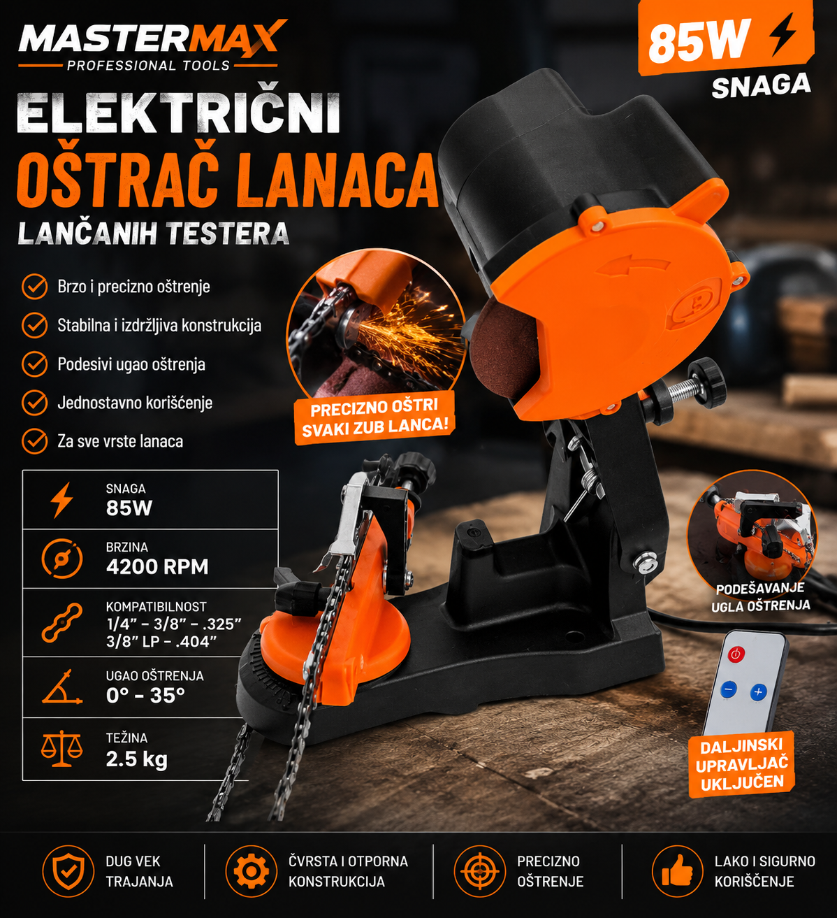 Oštrač lanaca lančanih testera Elektricni Mastermax 85w