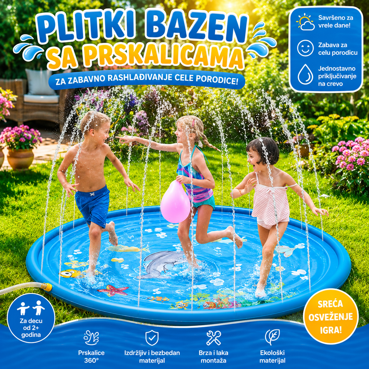 Plitki Bazen sa Prskalicama za Decu – Vodena Prostirka za Rashlađivanje i Letnju Igru u Dvorištu