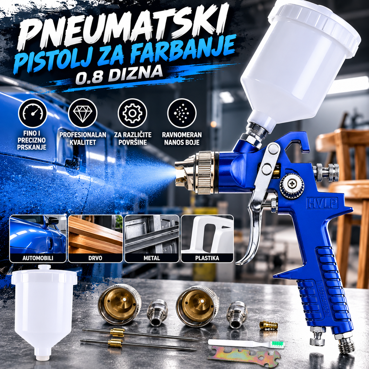Pneumatski Pištolj za Farbanje 0.8 mm – Profesionalni Pištolj za Precizno Nanošenje Boje sa Priborom