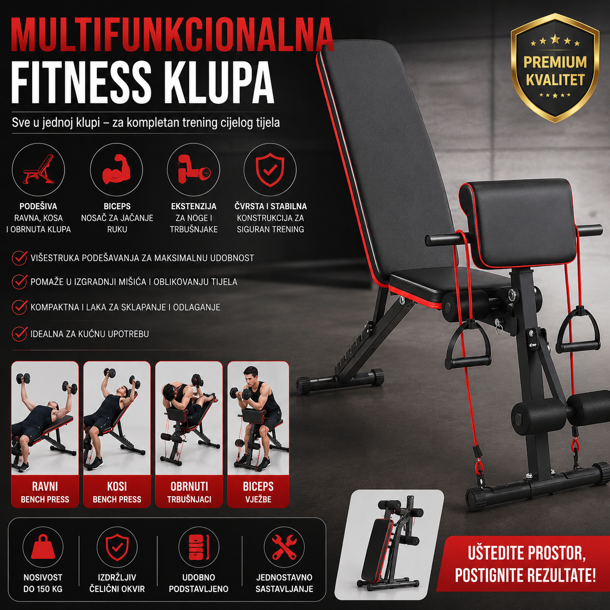 Sklopiva Fitness Klupa za Trbušnjake i Kućni Trening | Nosivost 350 kg