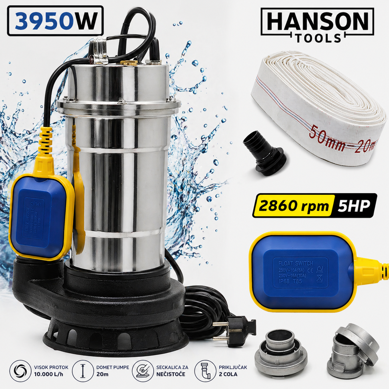 Hanson Pumpa za Prljavu Vodu + Crevo 20m – Sa Seckalicom za Teške Uslove