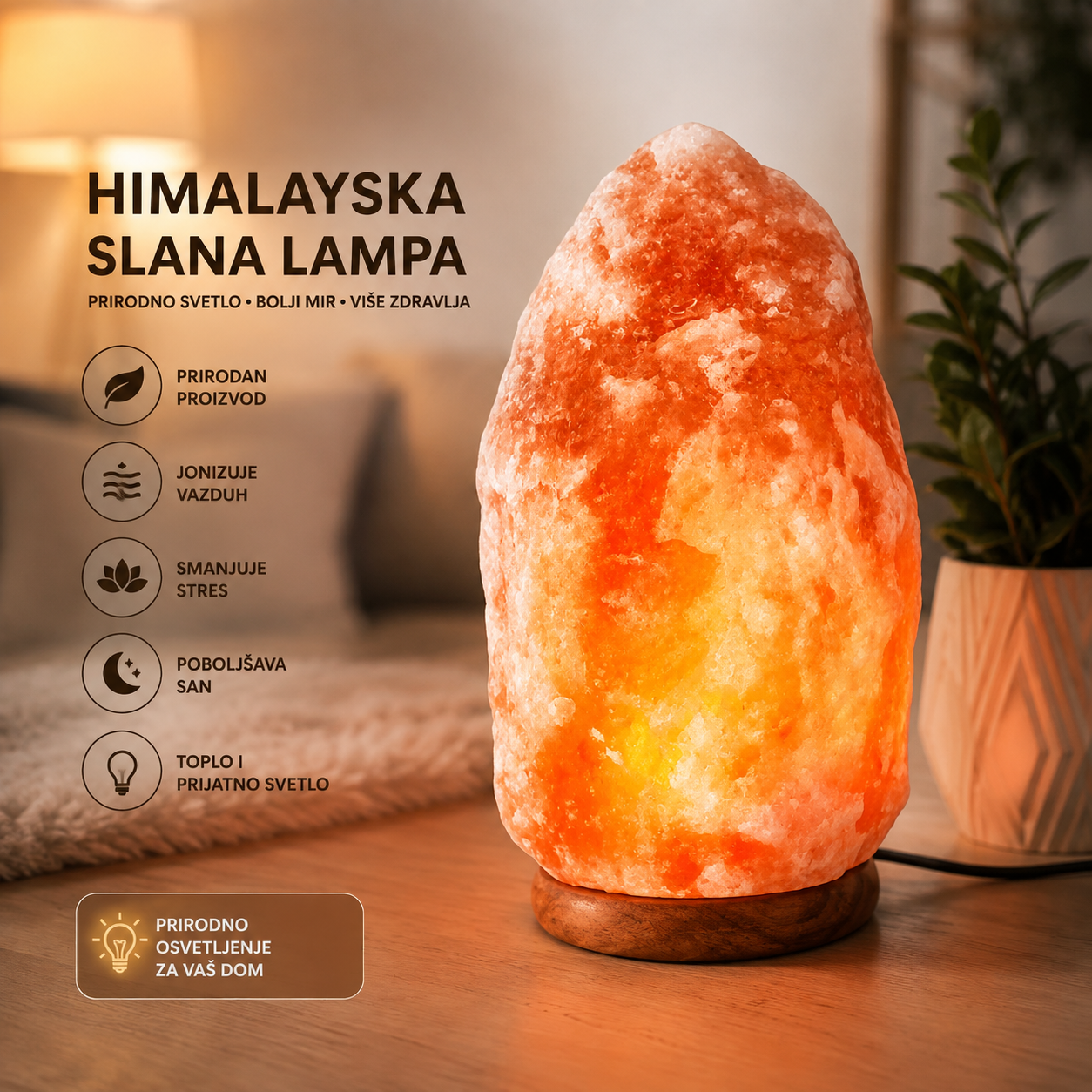 Prirodna Himalajska Kristalna Slana Lampa – Dekorativna Lampa za Dom, Spavaću Sobu i Kancelariju
