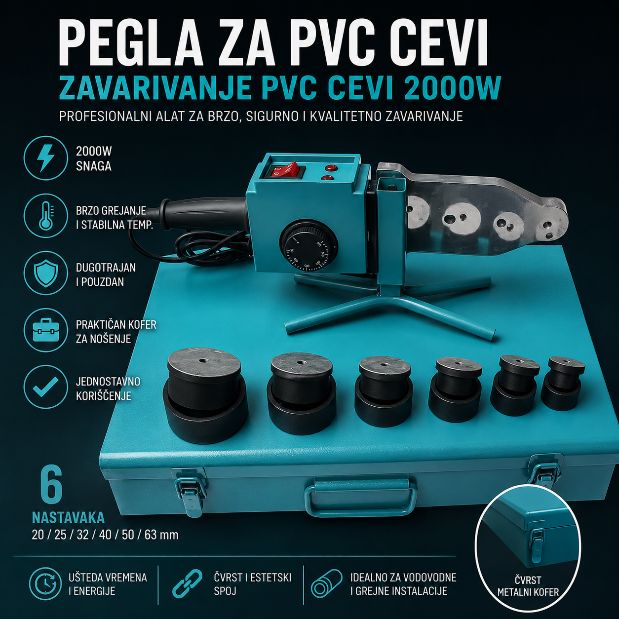 Profesionalna Pegla za PVC Cevi 2000W – Aparat za Zavarivanje PVC i PPR Cevi sa Nastavcima i Koferom