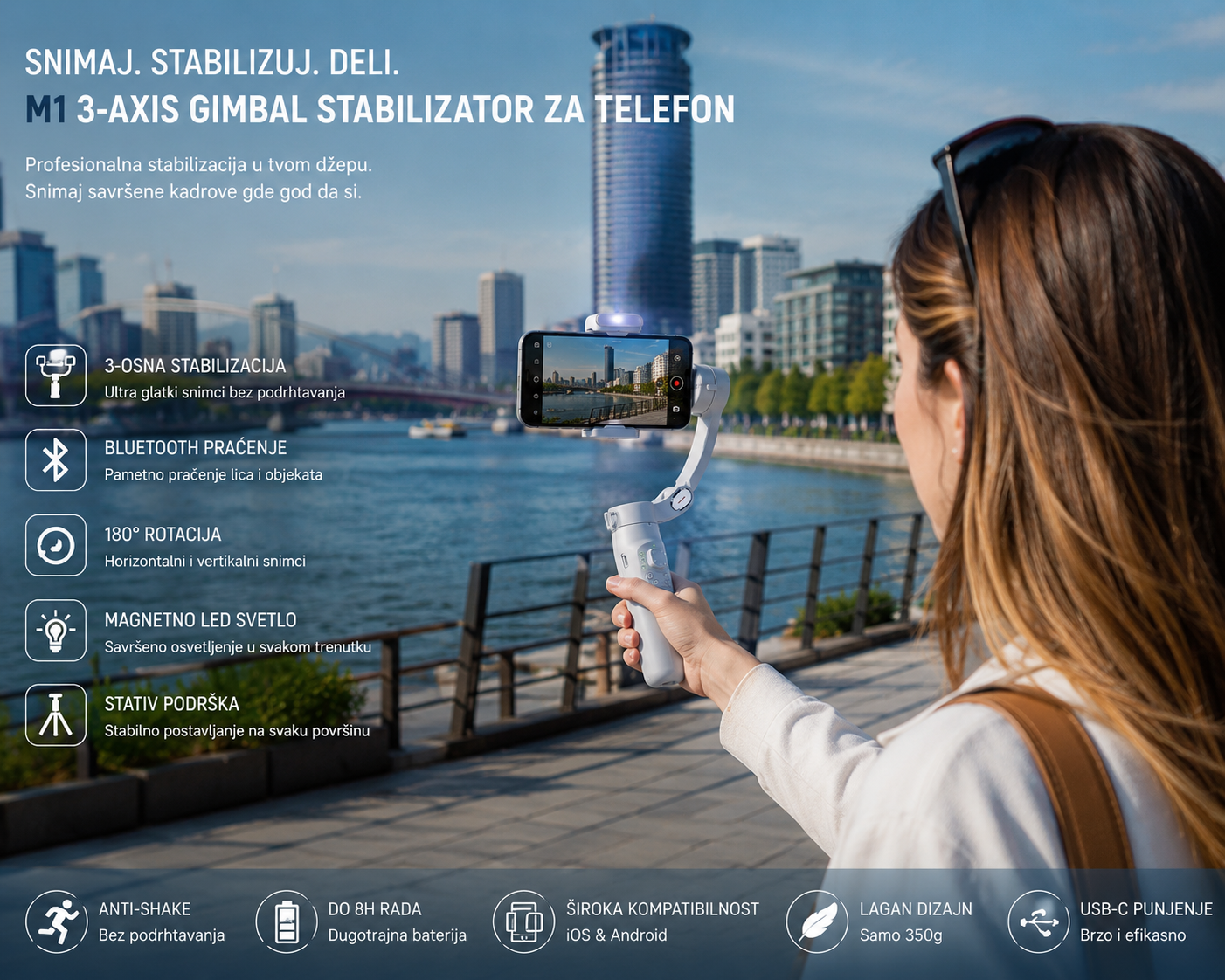 Profesionalni Gimbal za Telefon M1 – 3-Axis Stabilizator sa Bluetooth Kontrolom, 180° Rotacijom, Magnetnim LED Svetlom i Tripodom za Vlogovanje i Snimanje