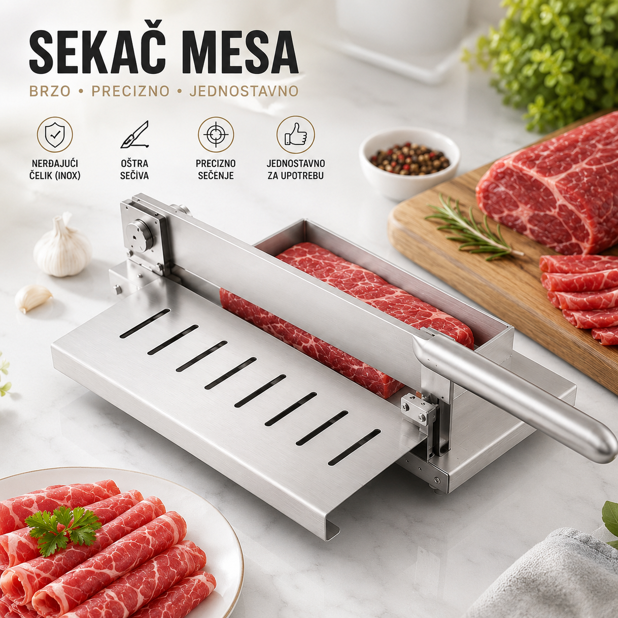 Profesionalni Ručni Sekač Mesa od Nerđajućeg Čelika | Inox Oštrica 25 cm | Precizan Rezač Mesa za Šnicle, Odreske i Suhomesnate Proizvode
