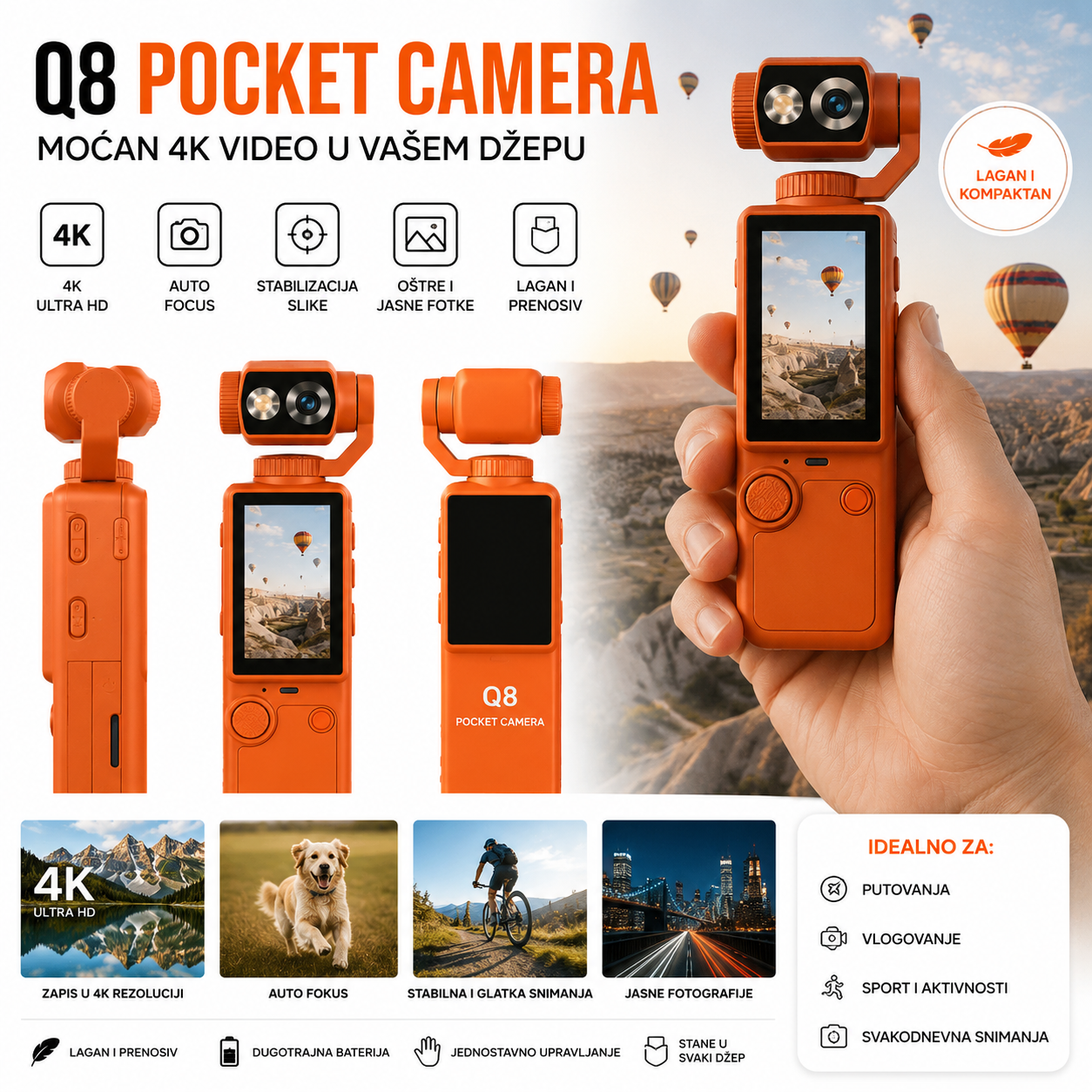 Q8 Ultra HD Kamera 4K – Džepna Kamera sa Auto Fokusom i Jasnim Snimkom