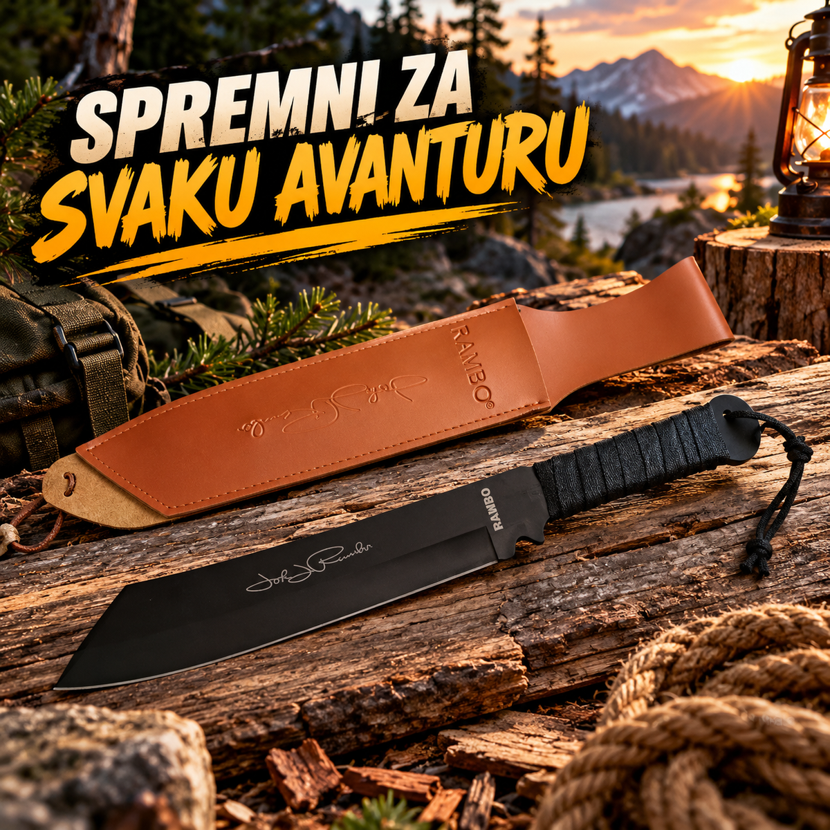 Rambo Full Tang Mačeta – Outdoor Alat sa Kožnom Drškom i Futrolom za Kampovanje
