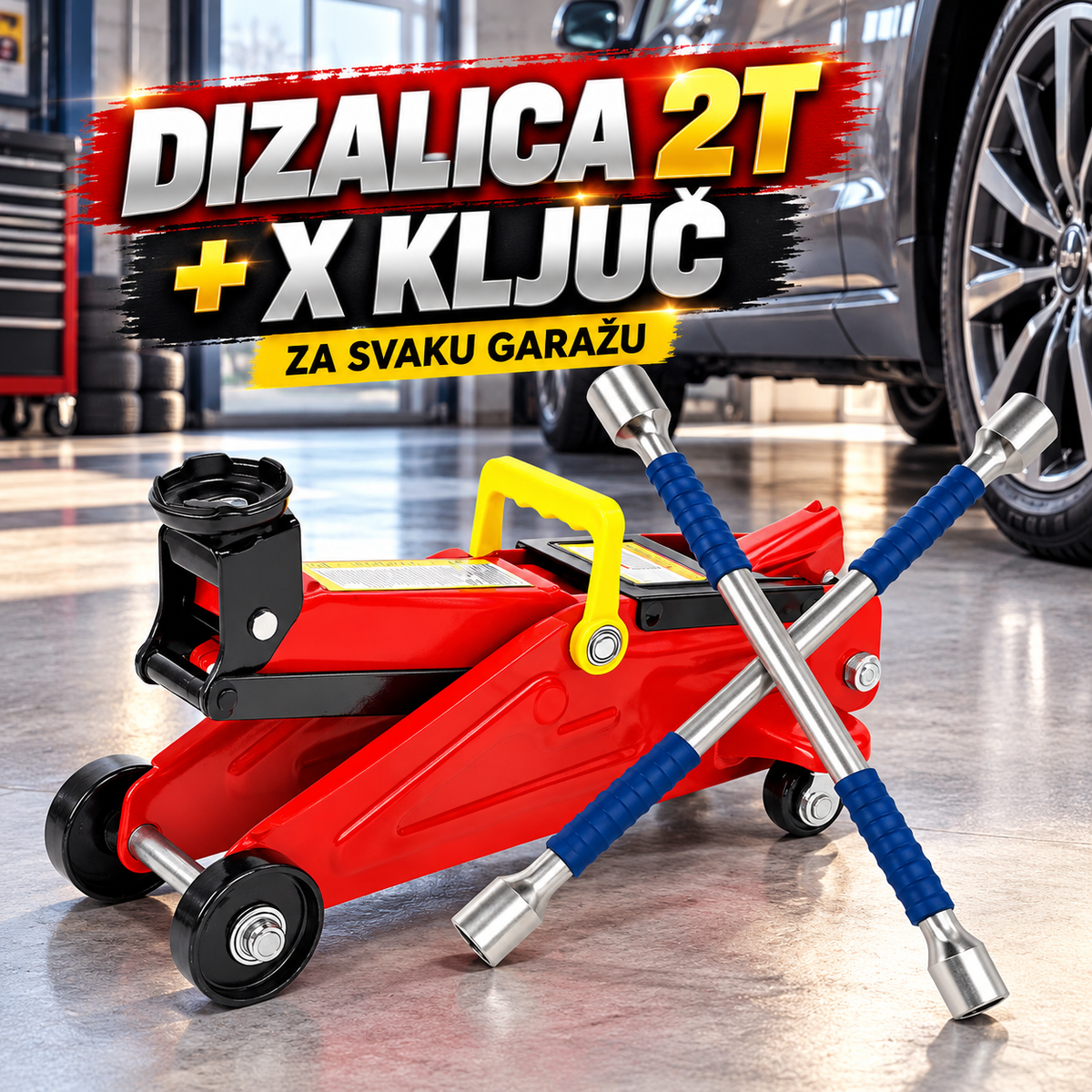 Hidraulična Dizalica za Auto Krokodil 2T + X Ključ za Točkove – Set za Zamenu Guma