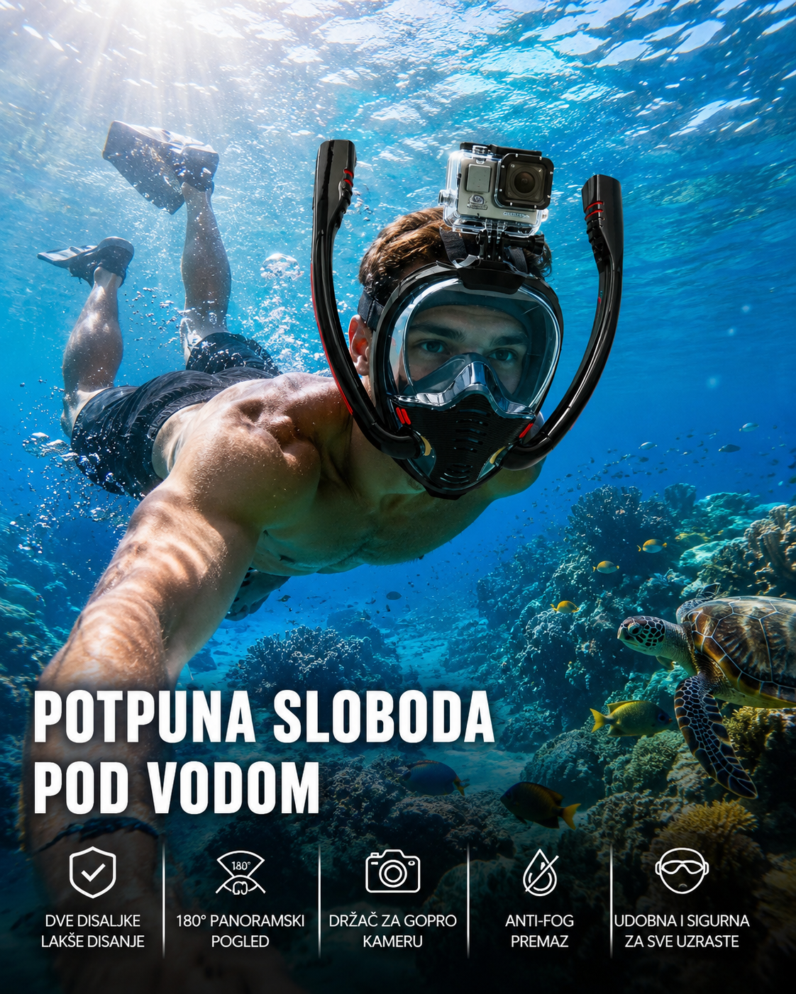 Ronilačka Maska za Celo Lice sa 2 Disaljke i Držačem za GoPro Kameru – Panoramski Pogled 180° za Ronjenje i Snorkeling