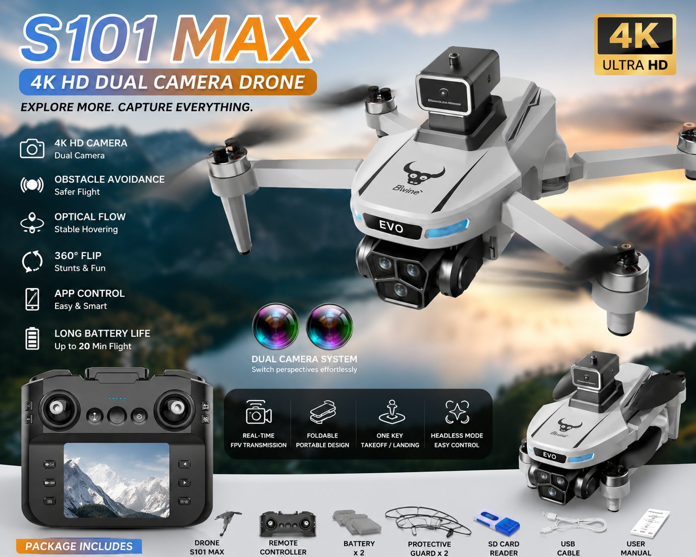 S101 MAX 4K Dron sa Dual Kamerom – Profesionalni Sklopivi WiFi Dron sa FPV Prenosom, HD Snimanjem i Daljinskim Upravljačem