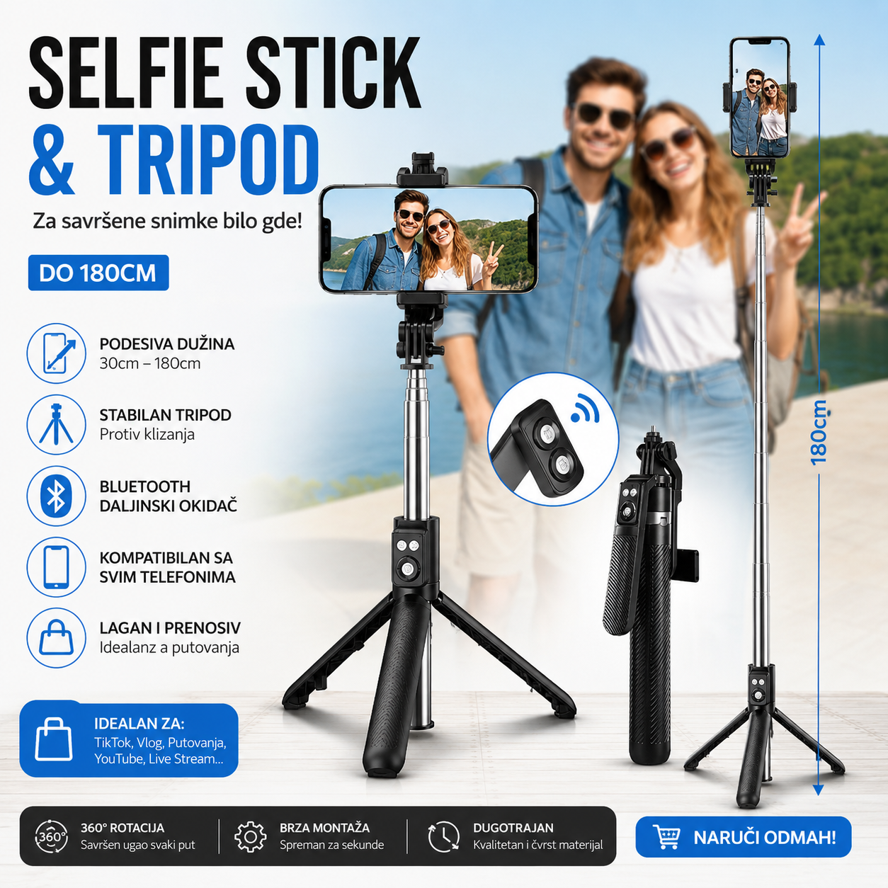 Selfie Stick i Tripod za Telefon 180cm – Bluetooth Stativ za Snimanje Videa, TikTok i Instagram