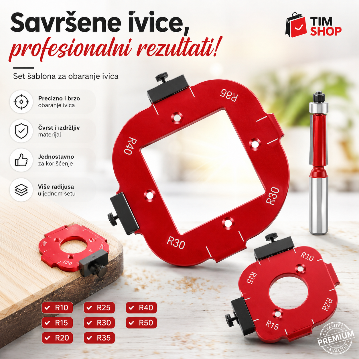 A set of red and black precision car wheel spacers shown on a light wood surface with a blurred car interior background. The image includes marketing text in Serbian, a 'TIM SHOP' logo, and a 'PREMIUM' badge.