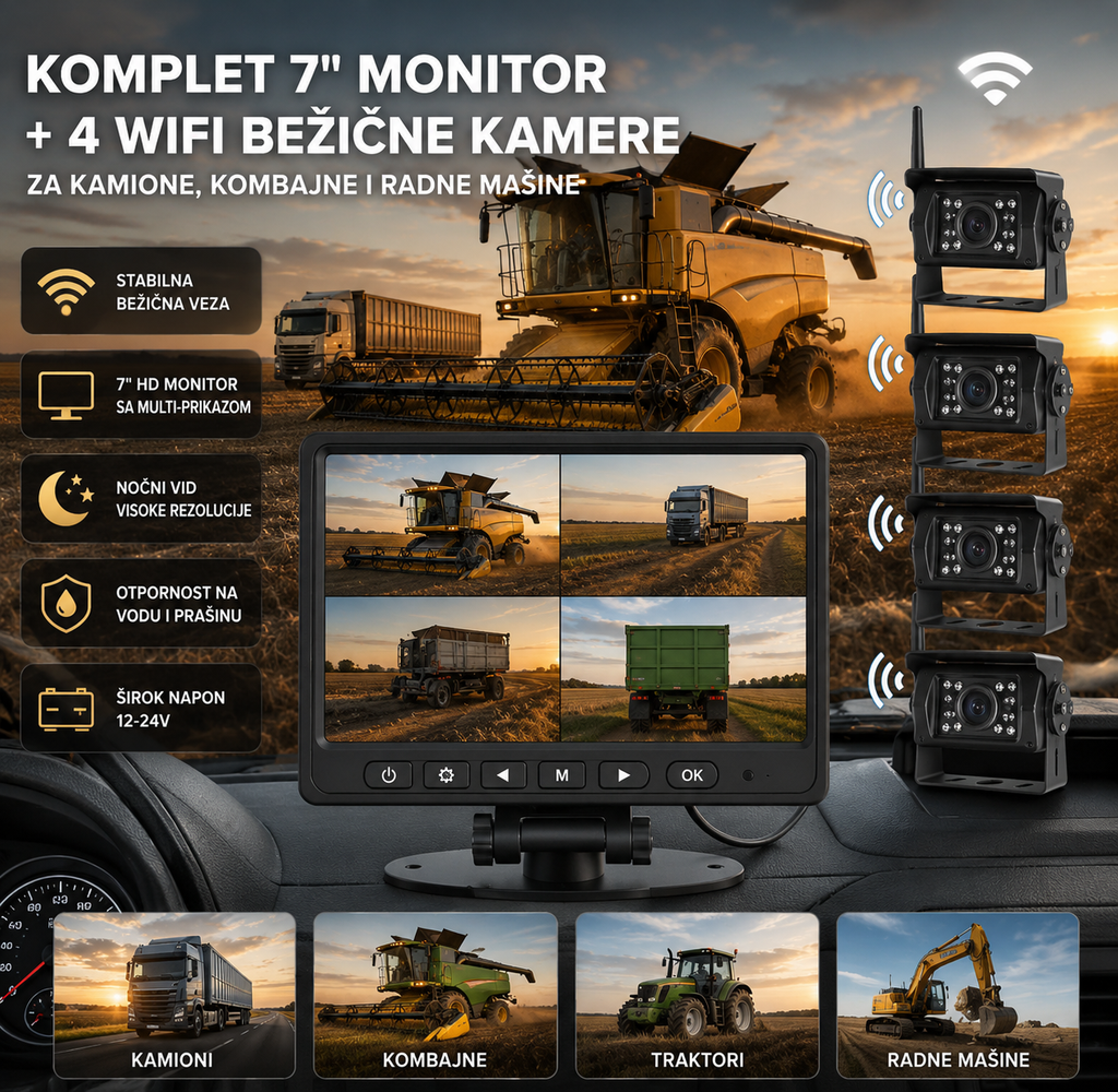Profesionalni 7" Monitor sa 4 WiFi Bežične Kamere – Sistem za Kamione, Kombajne, Autobuse i Građevinske Mašine