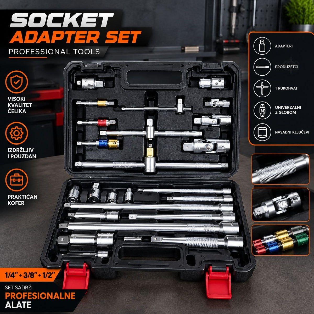 Set Adaptera za Gedore 1/4", 3/8" i 1/2" – Profesionalni Set Alata sa Produžecima i Univerzalnim Zglobovima