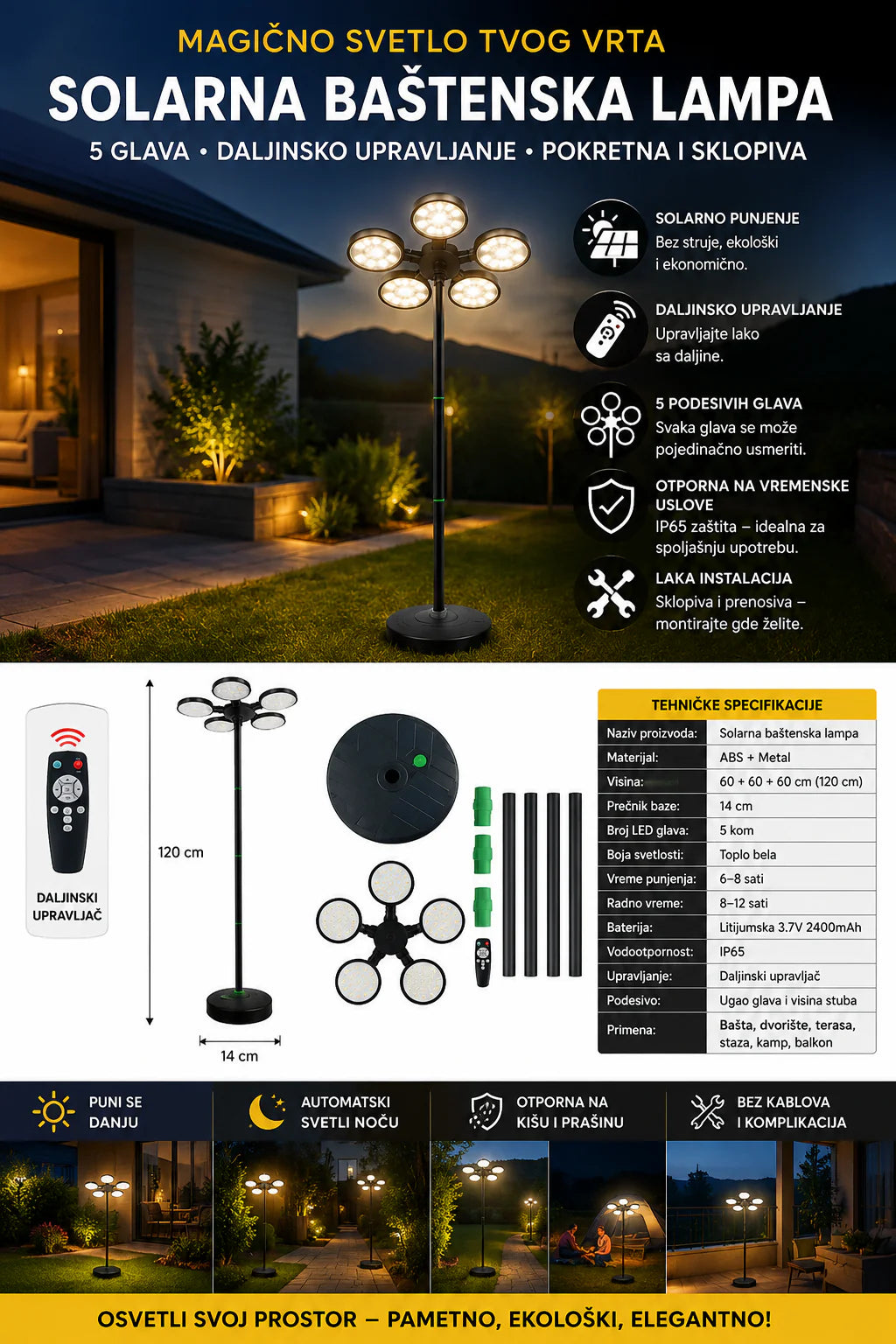 Solarna Baštenska LED Lampa sa 5 Glava i Daljinskim – Snažno Spoljašnje Osvetljenje za Dvorište, Baštu i Terasu