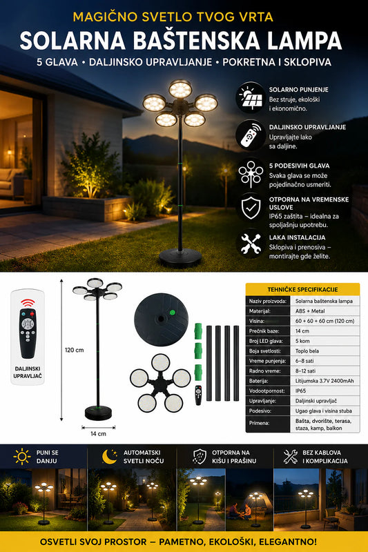 Solarna Baštenska LED Lampa sa 5 Glava i Daljinskim – Snažno Spoljašnje Osvetljenje za Dvorište, Baštu i Terasu