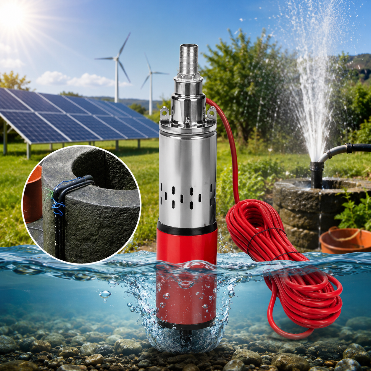 Solarna Potapajuća Pumpa za Vodu 24V 250W Inox – DC Pumpa za Bunare, Navodnjavanje, Rezervoare i Fontane | Visina Podizanja 50 m