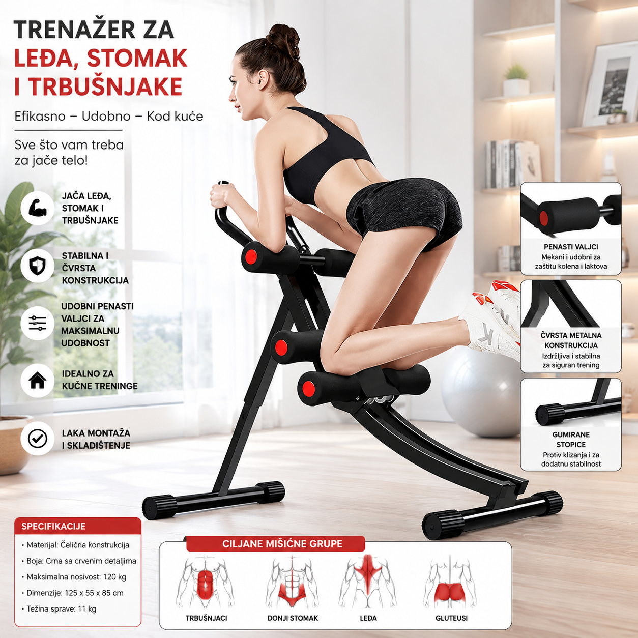 Multifunkcionalni Trenažer za Leđa, Stomak i Abdomen – Sprava za Kućni Trening Celog Tela