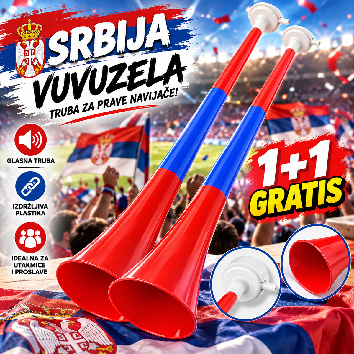 Srbija Vuvuzela Truba 1+1 GRATIS – Navijačka Truba za Utakmice i Proslave