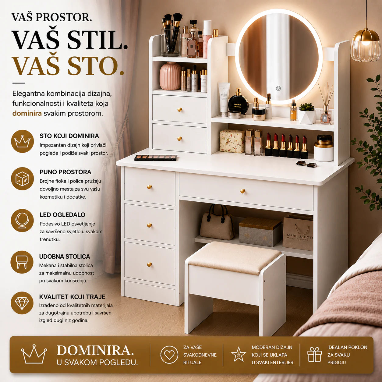 LENA Beauty Sto sa LED Ogledalom i Organizatorom – Moderan Toaletni Sto