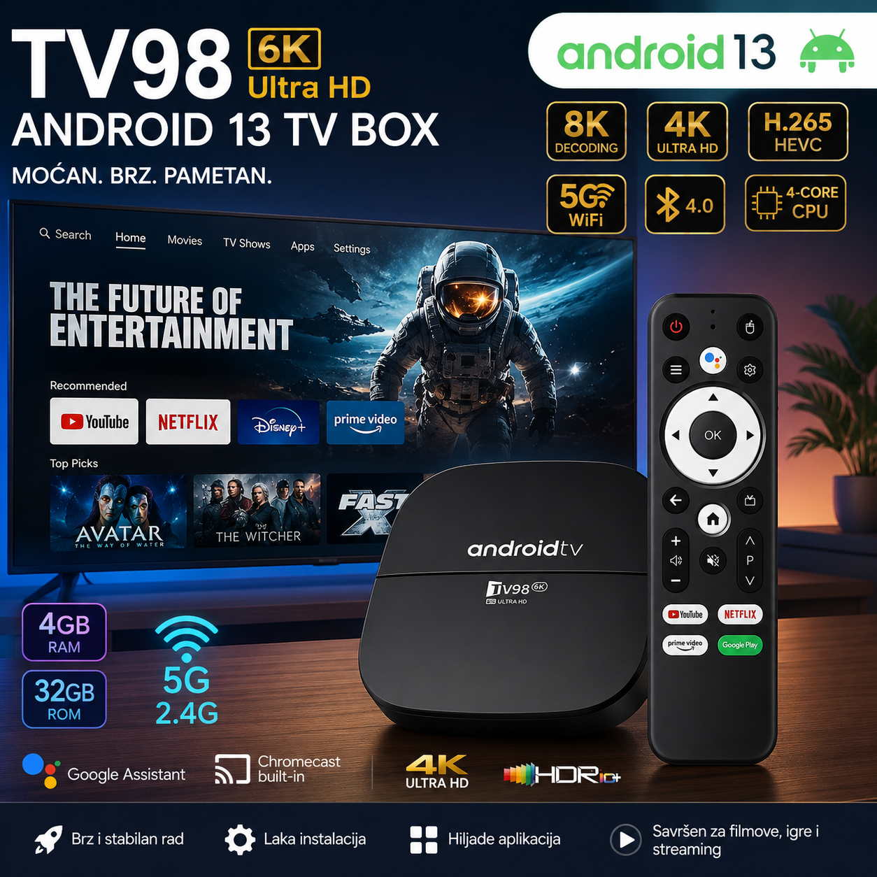 TV98 Android 13 TV Box 4GB RAM 32GB ROM – 8K Ultra HD Smart TV Box sa 5G WiFi, Bluetooth i Google Assistant