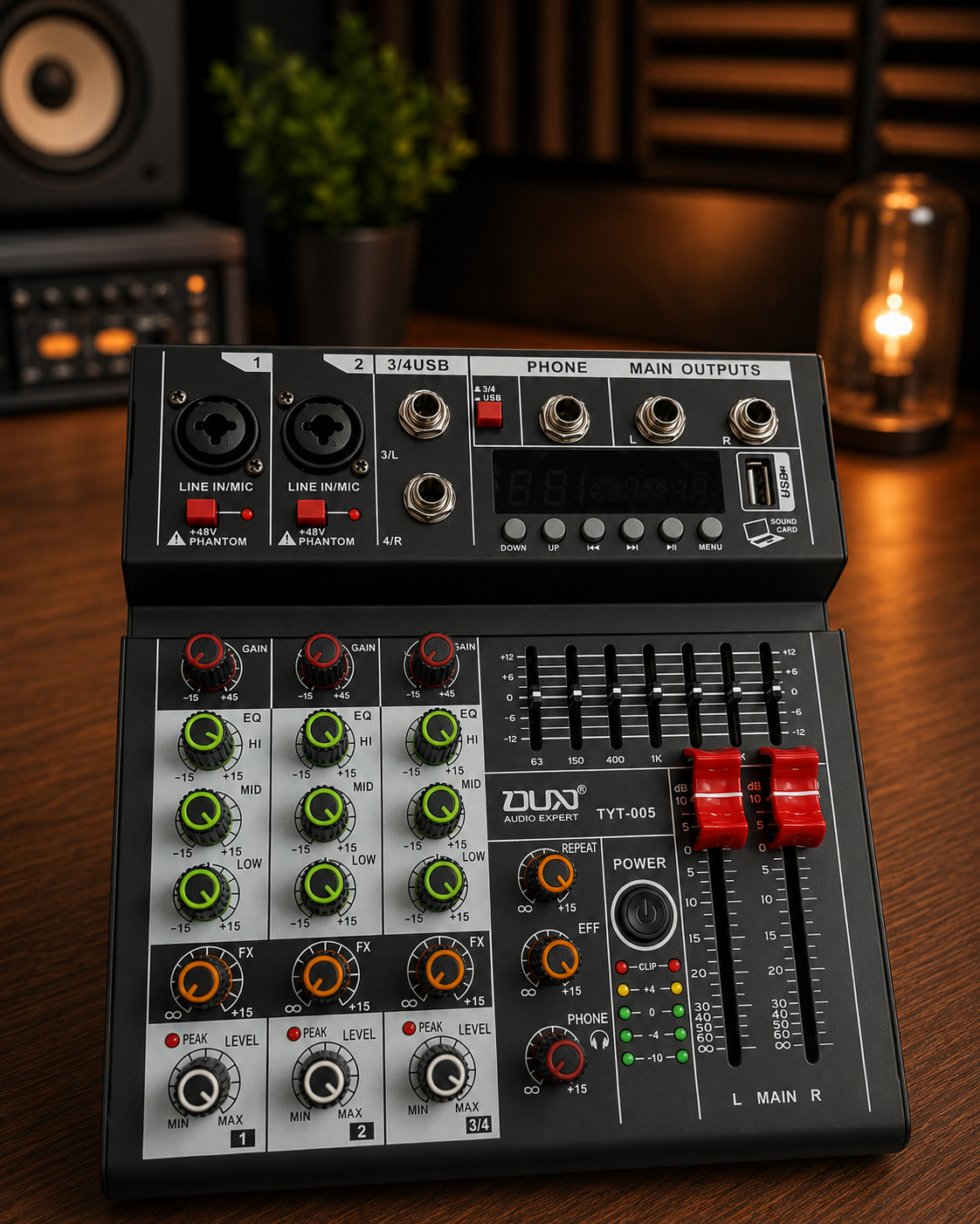 TYT-005 Profesionalna 4-Kanalna Audio Mikseta – Bluetooth, USB MP3 Plejer, 48V Phantom Napajanje, 3-Band EQ i DSP Efekti za DJ, Karaoke, Podcast, Studio i Live Nastupe
