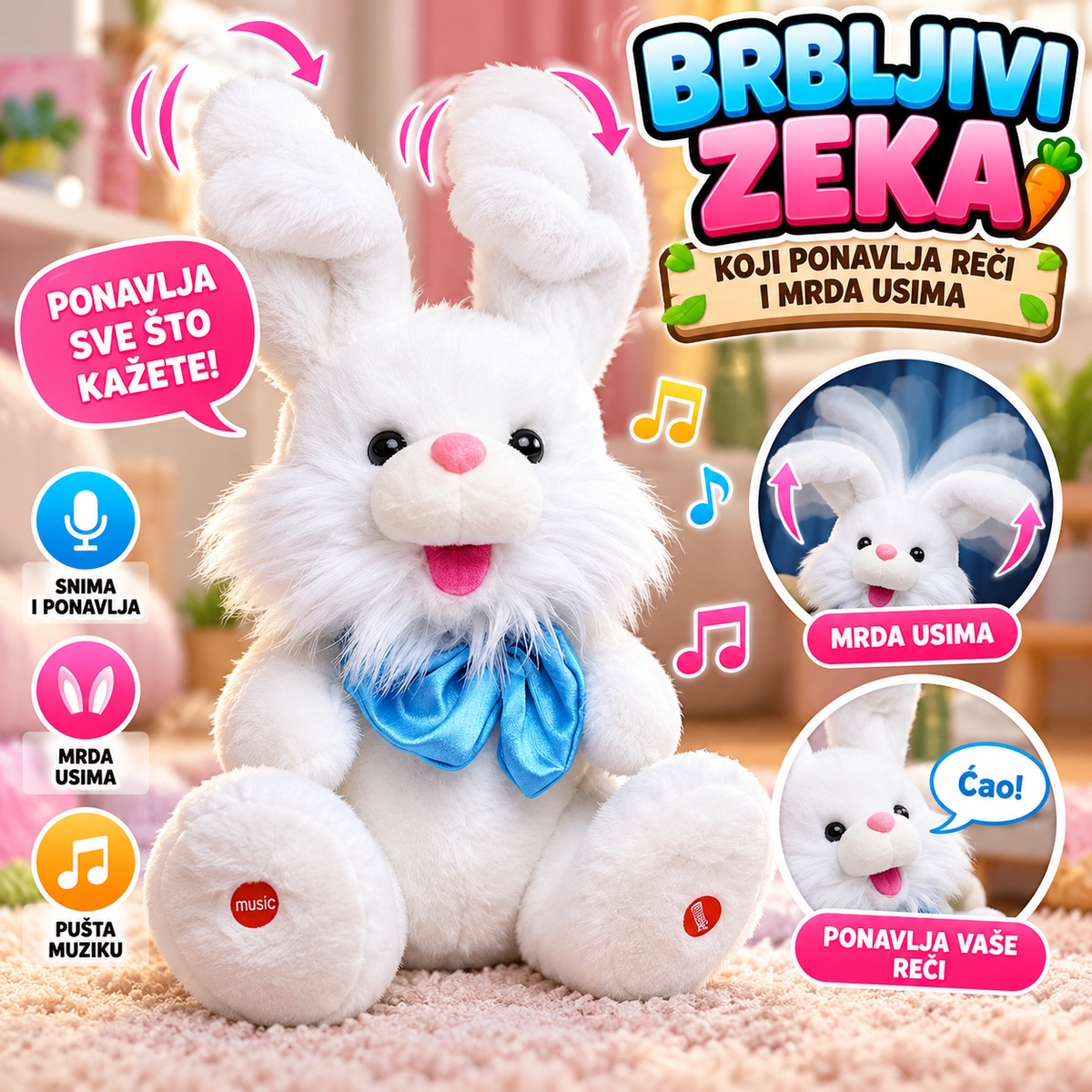 Brbljivi Zeka Bunny – Plišana Igračka Koja Ponavlja Reči i Mrda Ušima