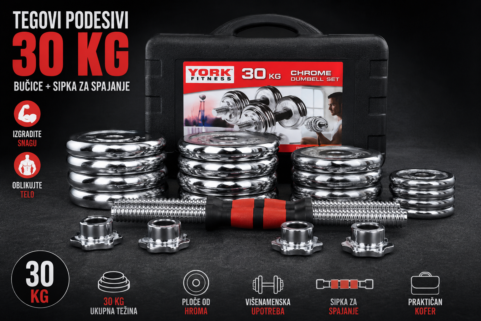 Tegovi Bučice Podesivi 30kg sa Šipkom za Spajanje – Set Bučica i Šipke za Kućni Fitness i Profesionalni Trening