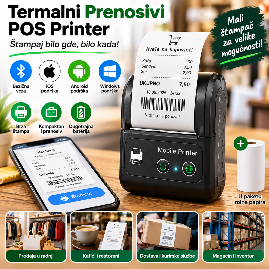 Termalni Prenosivi Štampač – Bežični POS Printer za Račune, Nalepnice i Mobilnu Štampu