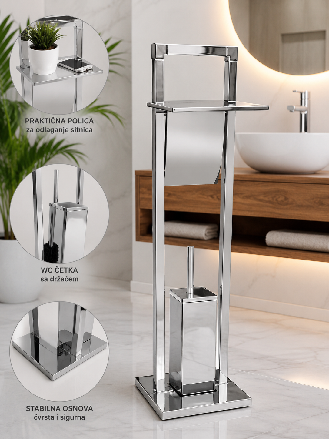 Toaletni Set sa WC Četkom i Držačem Toalet Papira – Elegantni Hromirani Kupatilski Organizer sa Praktičnom Policom