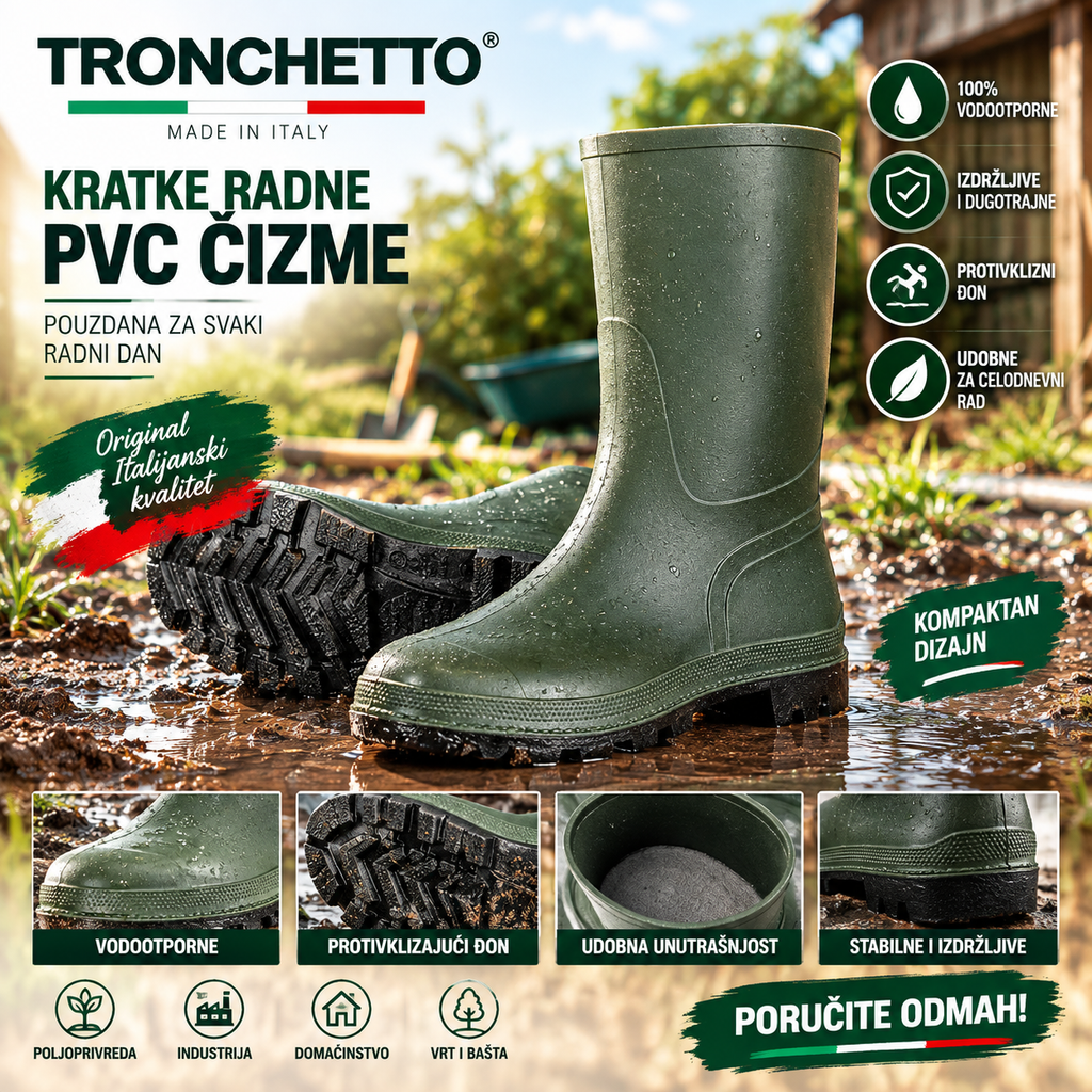 Tronchetto Kratke Radne PVC Čizme – Vodootporne Protivklizne Čizme za Rad, Poljoprivredu i Industriju