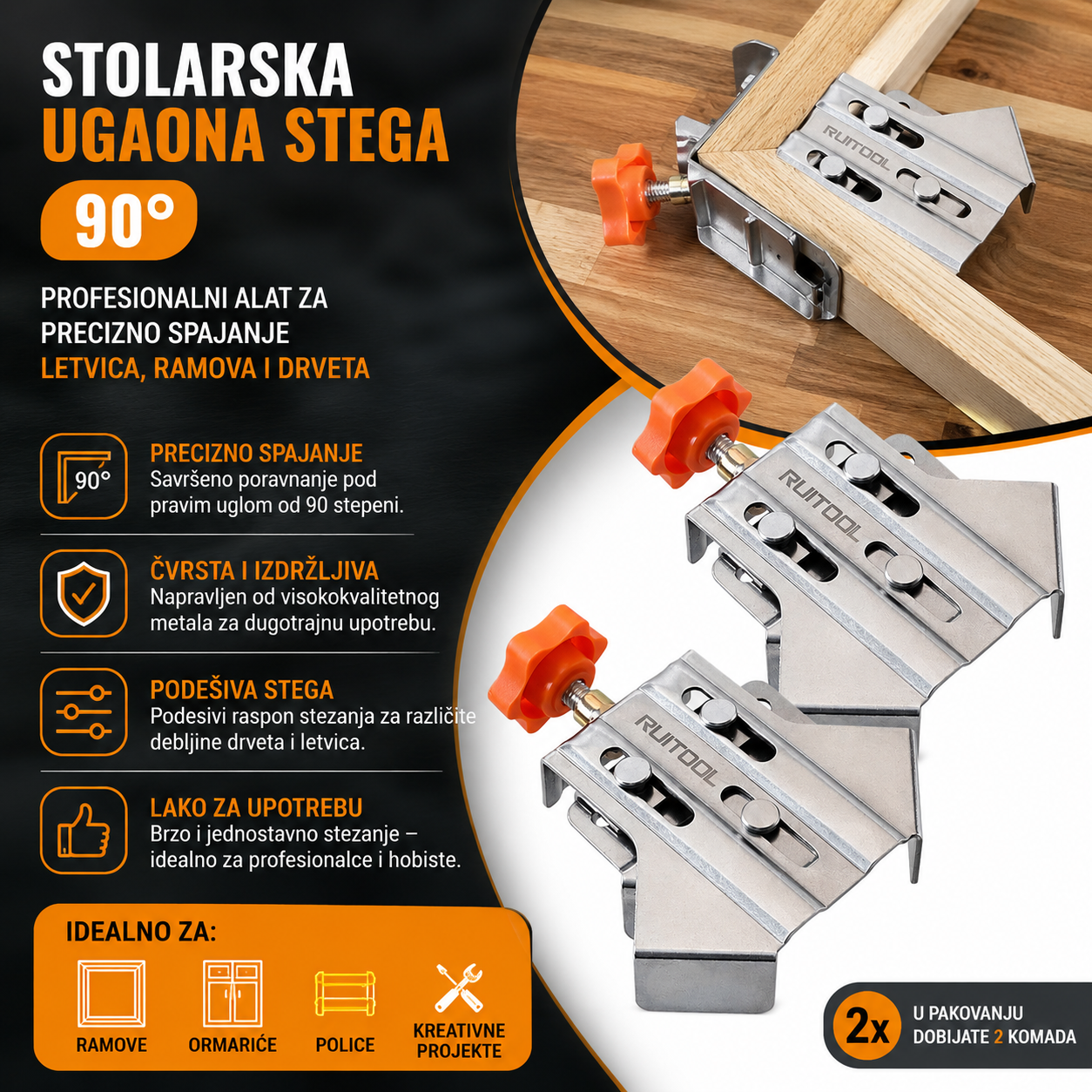 Ugaona Stega za Drvo – Podesiva Stolarska Stega za Precizno Spajanje Drvenih Elemenata i DIY Radove