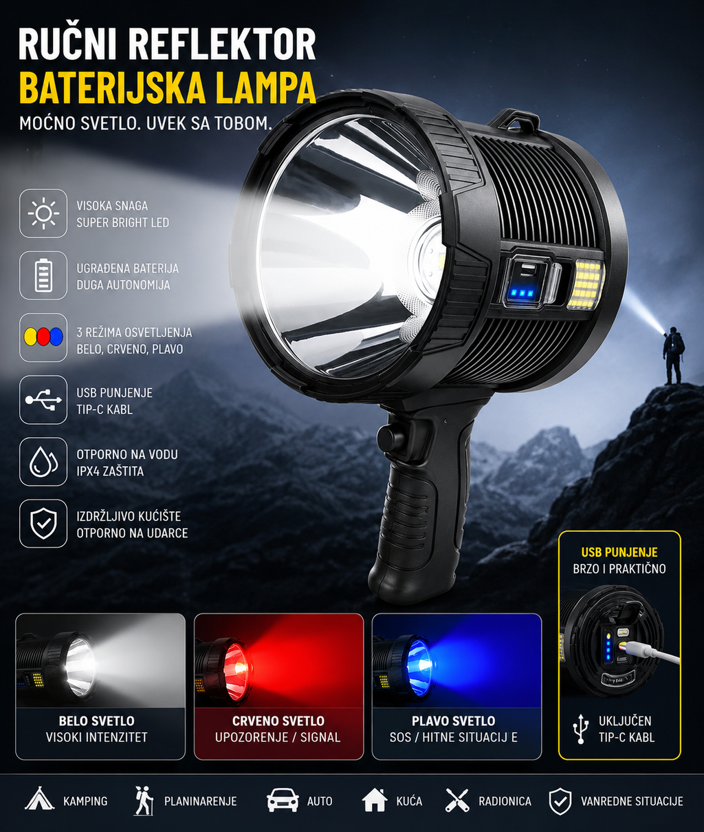 UltraBeam X Pro LED Ručni Reflektor – Punjiva Baterijska Lampa Velikog Dometa za Kampovanje, Lov, Pecanje i Vanredne Situacije