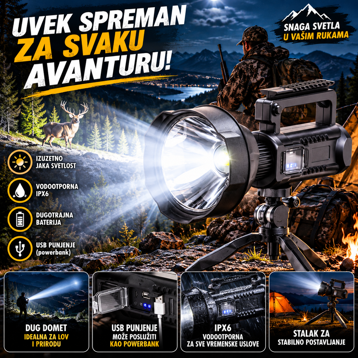 Ručna LED Lampa Reflektor sa Stalkom – Prenosna Radna i Radionička Rasveta