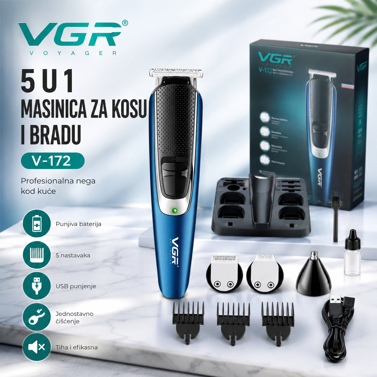 VGR V-172 5u1 Profesionalni Trimer – Bežična Mašinica za Kosu, Bradu i Kompletnu Negu