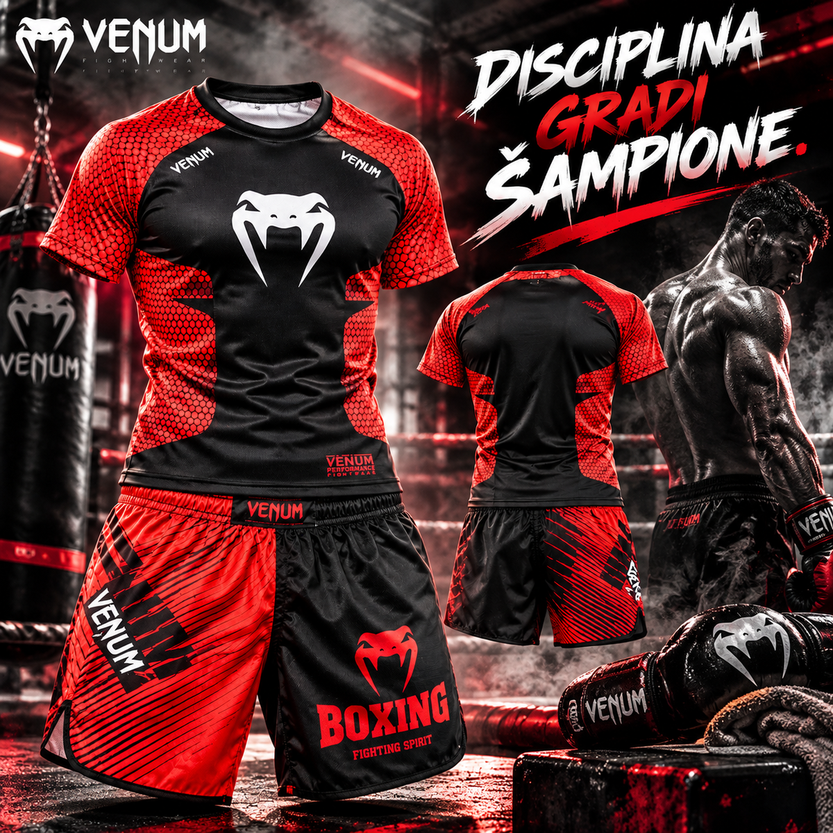Venum MMA Komplet Muški – Crveno-Crna Sportska Majica i Šorts za Boks, Kik-boks i Teretanu
