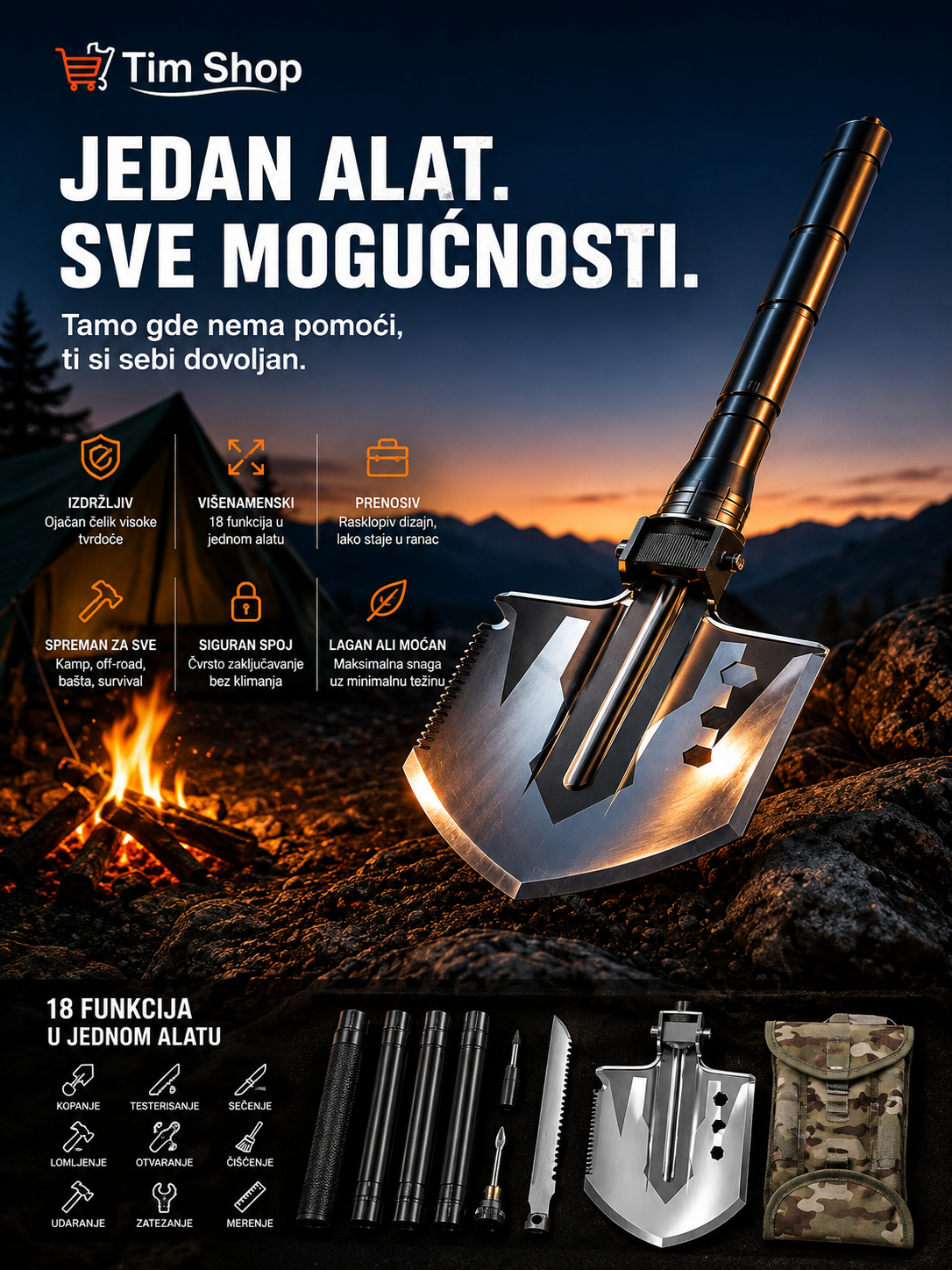 Višenamenski Outdoor Ašov – Multifunkcionalni Alat za Kampovanje, Baštu i Planinarenje