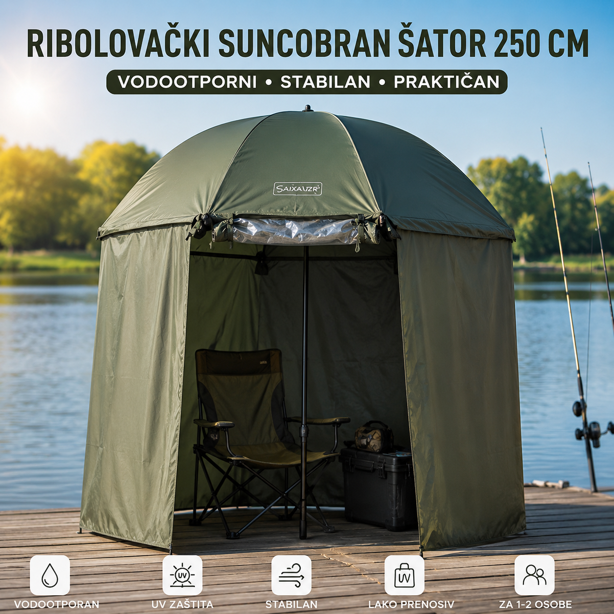 Vodootporni Ribolovački Šator Suncobran 250cm – Profesionalna Zaštita za Pecanje, Kampovanje i Boravak u Prirodi