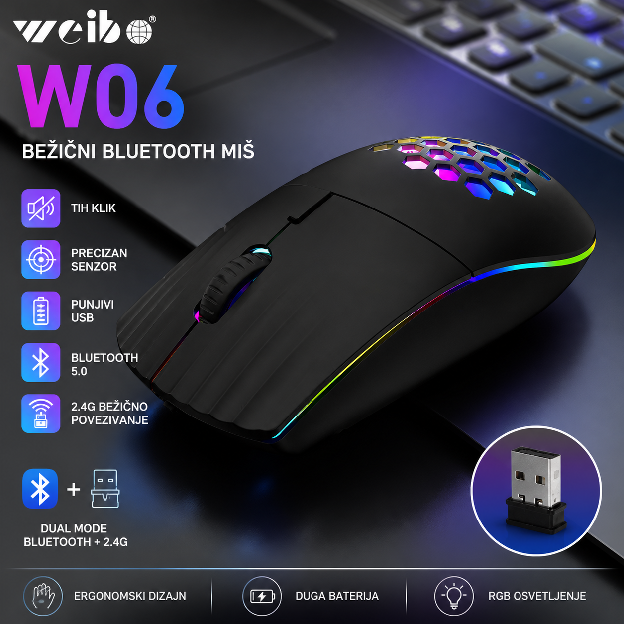 Weibo W06 Bežični Bluetooth Miš USB Punjivi – Preciznost za Laptop