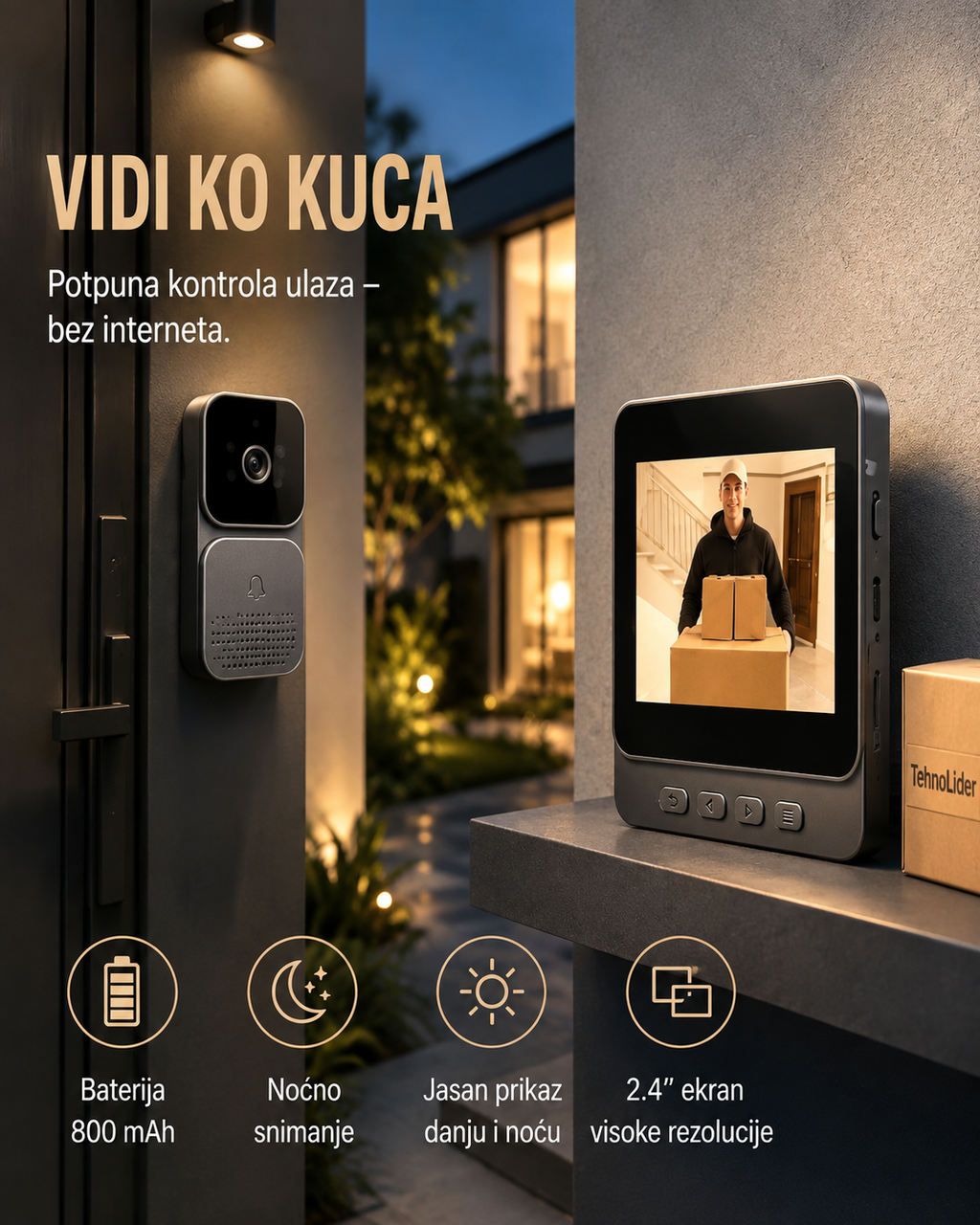 WiFi Video Interfon sa 4.3" LCD Ekranom – Pametno Video Zvono za Vrata sa Kamerom, Dvosmernim Audio Pozivom i Noćnim Snimanjem