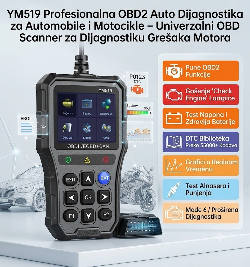 YM519 OBD2 Dijagnostički Uređaj za Automobile i Motocikle – Auto Scanner za Profesionalnu Dijagnostiku