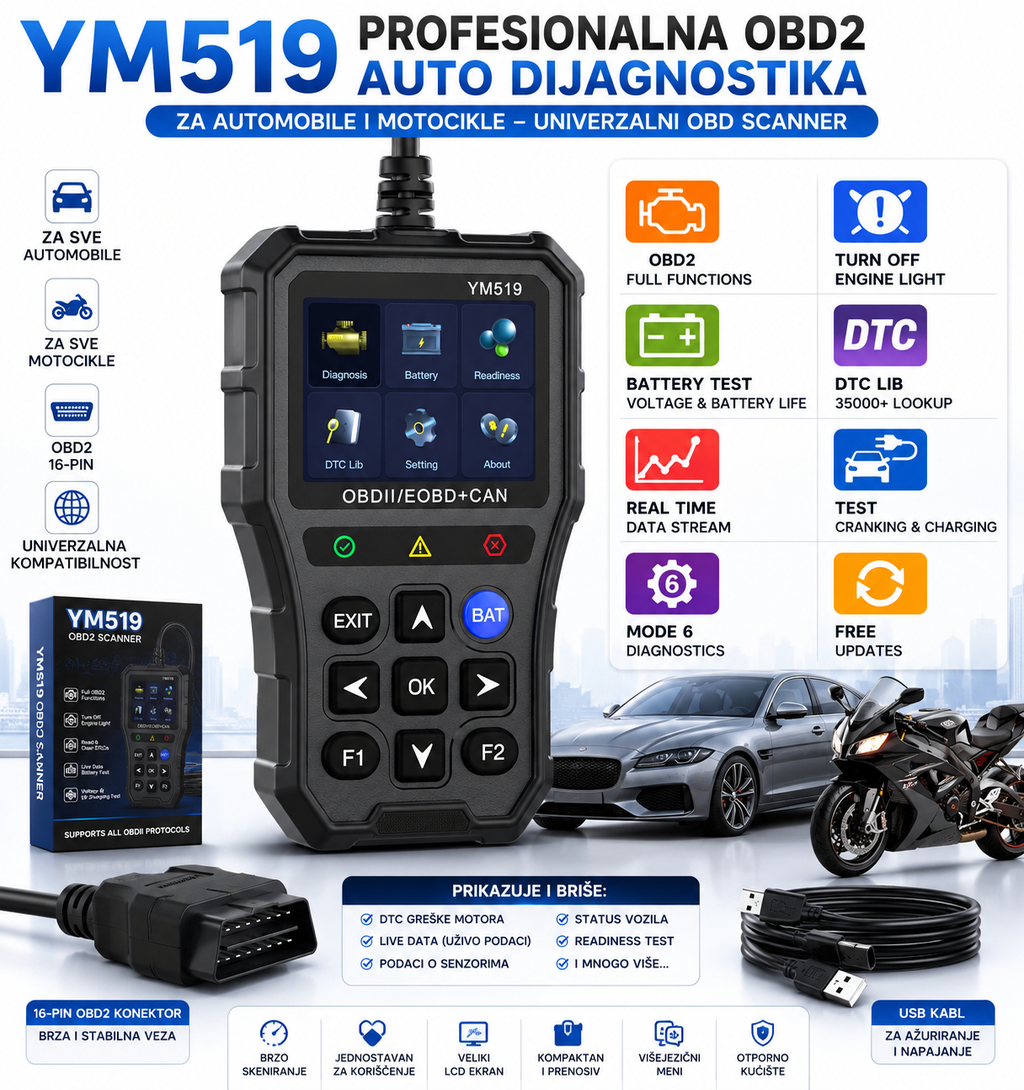 YM519 OBD2 Dijagnostički Uređaj za Automobile i Motocikle – Auto Scanner za Profesionalnu Dijagnostiku
