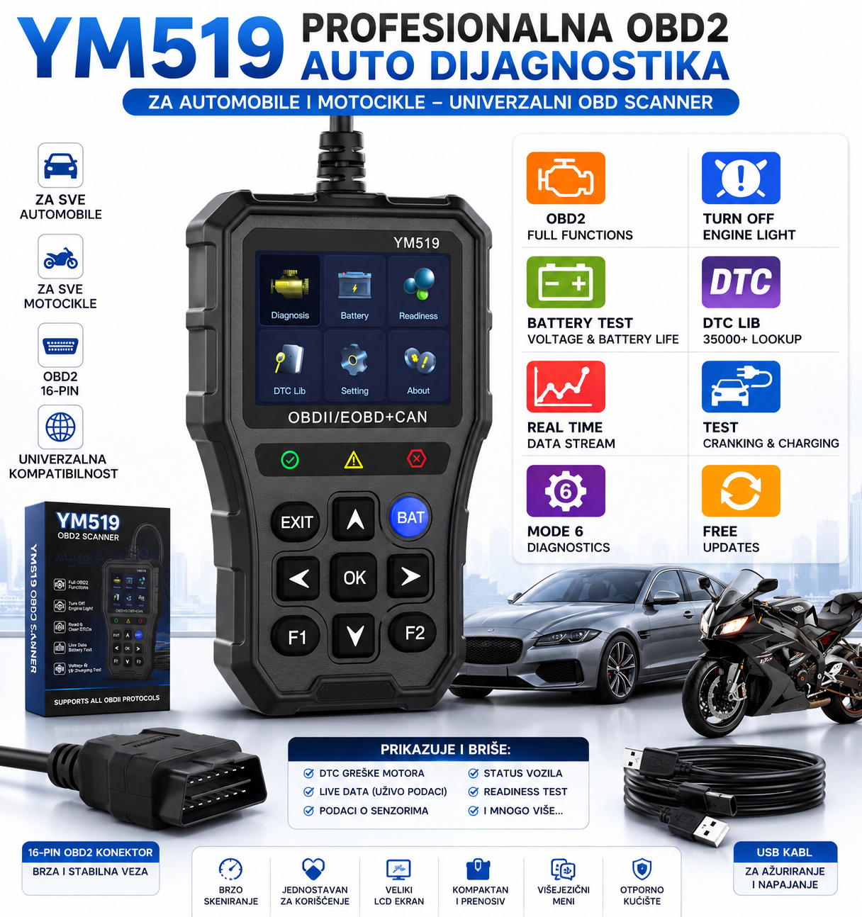 YM519 OBD2 Dijagnostički Uređaj za Automobile i Motocikle – Auto Scanner za Profesionalnu Dijagnostiku