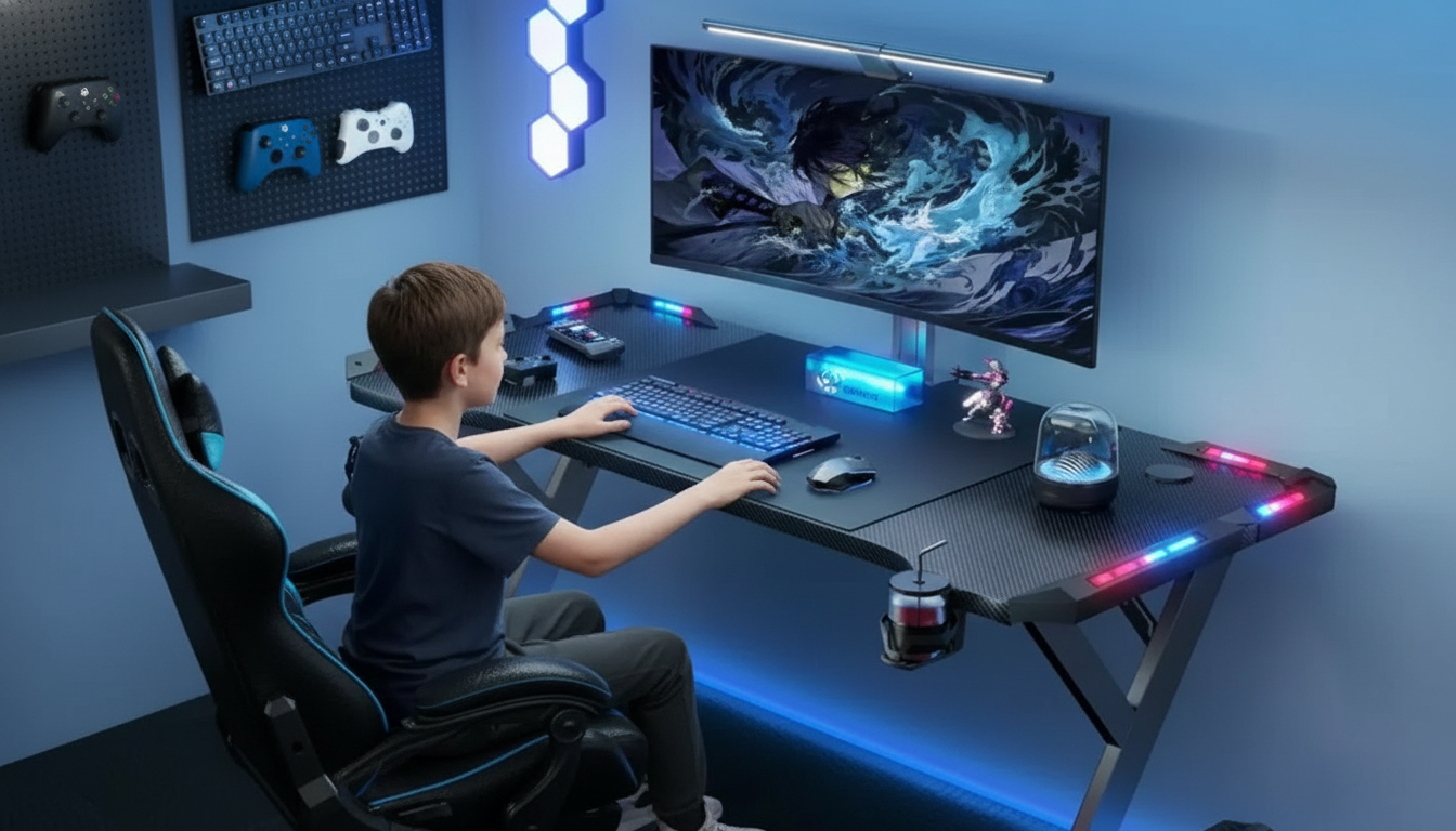 Gejmerski Sto LED RGB – Moderan Gaming Desk sa Držačem za Slušalice i Piće