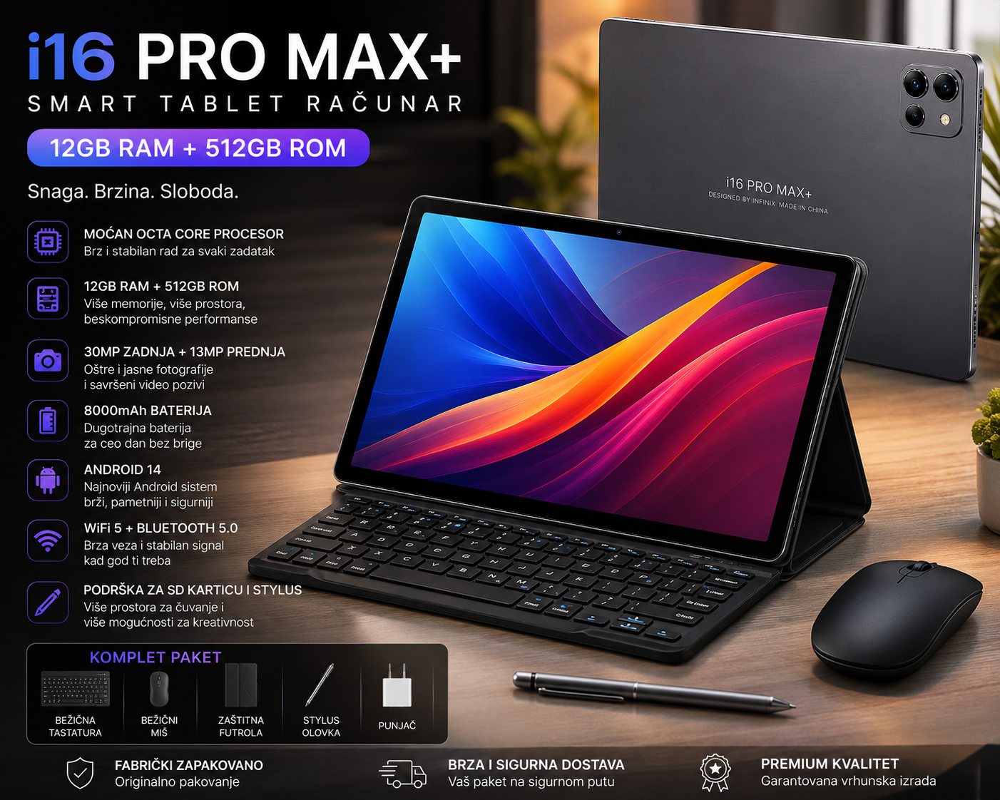 i16 Pro Max+ Tablet 12GB/512GB – Android 15, 5G Smart Tablet sa Tastaturom, Mišem i Velikim HD Ekranom